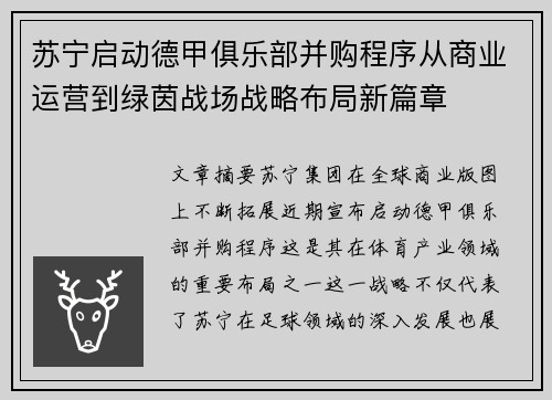 苏宁启动德甲俱乐部并购程序从商业运营到绿茵战场战略布局新篇章