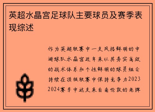 英超水晶宫足球队主要球员及赛季表现综述